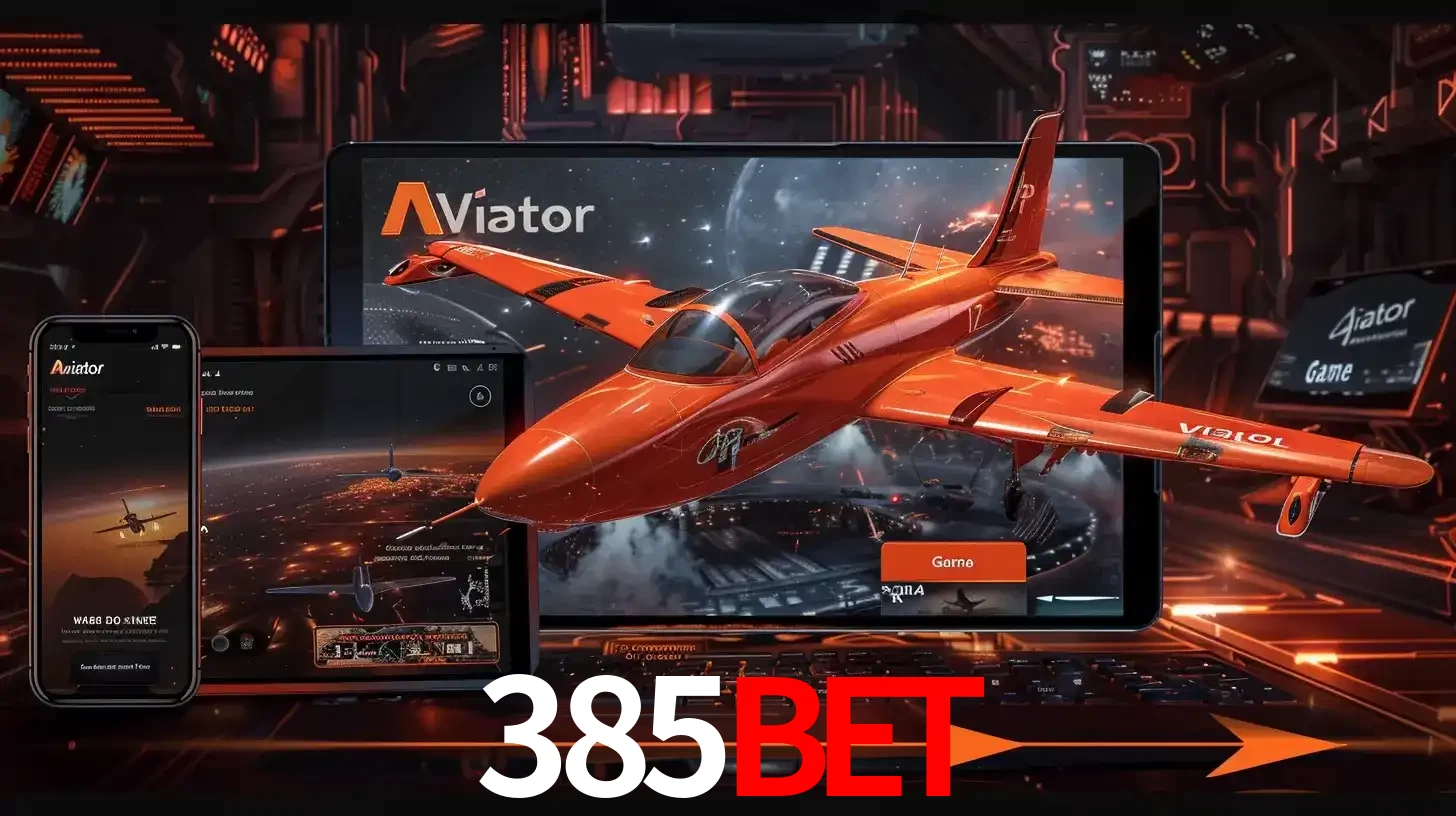 Apresentação tecnológica do jogo Aviator com um avião saindo da tela de um tablet, demonstrando a experiência imersiva em múltiplos dispositivos no 385bet.
