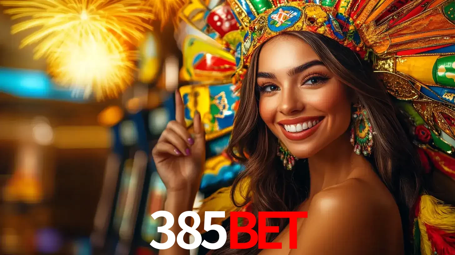 Mulher sorridente com um cocar de carnaval vibrante e colorido, celebrando uma grande vitória nos jogos do cassino 385bet com fogos de artifício ao fundo.