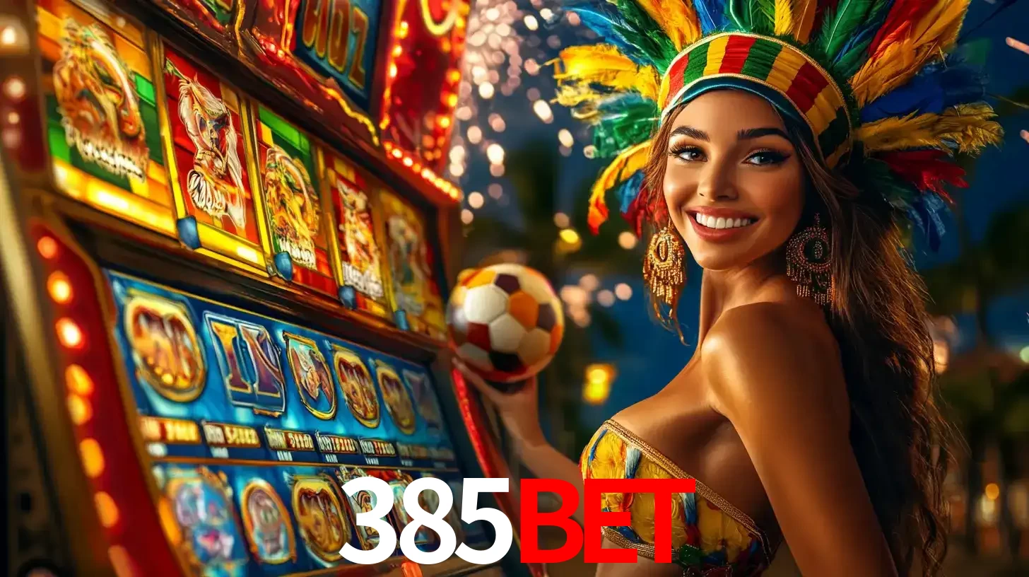 Mulher com um cocar de carnaval ao lado de uma máquina de caça-níqueis enquanto segura uma bola de futebol, mostrando a união da diversão de cassino e esportes no 385bet.