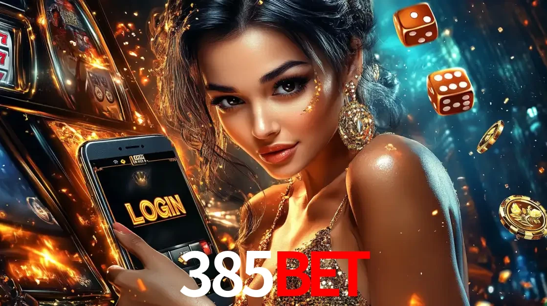 Mulher glamourosa segurando um celular com a tela de login do cassino 385bet, rodeada por dados e moedas douradas, pronta para começar a diversão.