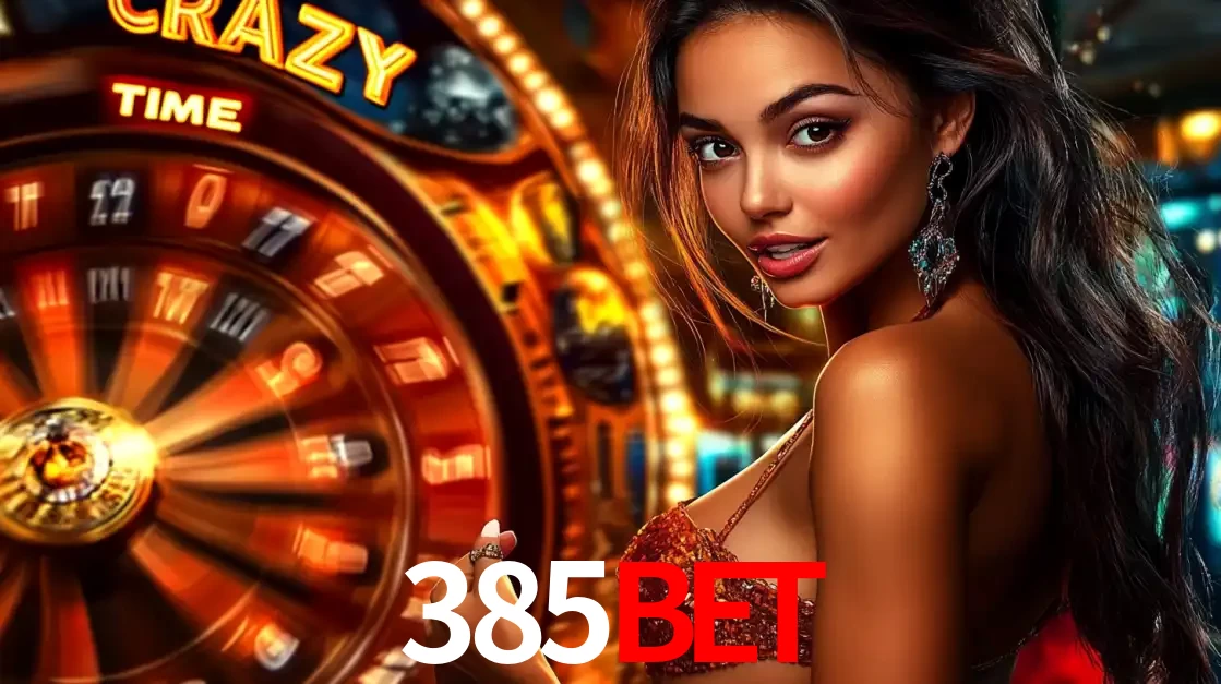Mulher ao lado da roda de prêmios do jogo de cassino ao vivo Crazy Time, um dos shows de jogos mais emocionantes oferecidos pela plataforma de apostas 385bet.