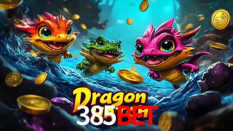 Arte promocional do jogo Dragon Hatch com três adoráveis dragões bebês nadando entre moedas de ouro, um dos slots mais divertidos para jogar no cassino 385bet.