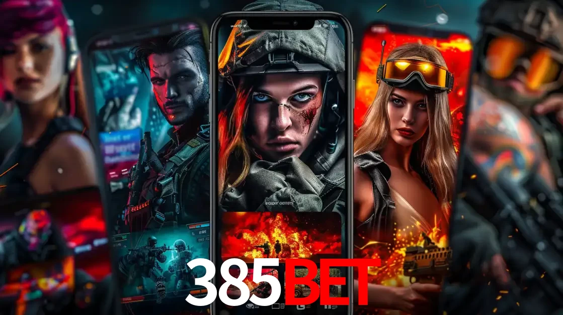 Montagem de telas de celular mostrando diversos personagens, masculinos e femininos, de um jogo de tiro, ilustrando a diversidade de equipes de e-sports para apostar no 385bet.