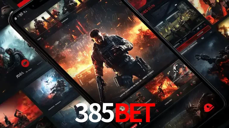 Tela de um celular exibindo uma galeria de jogos de tiro com temática militar, mostrando a variedade de e-sports disponíveis para apostas na plataforma de entretenimento 385bet.