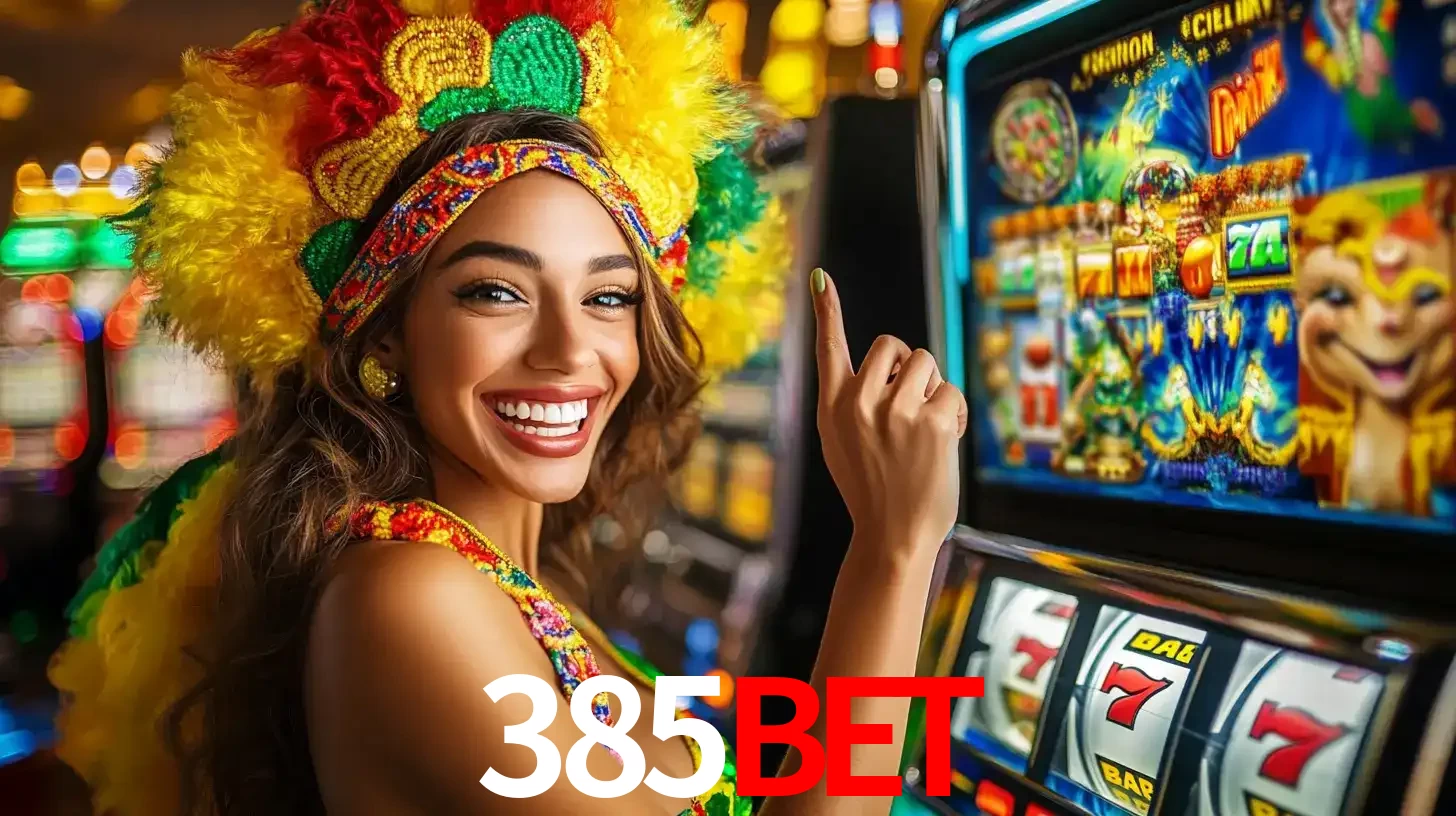 Mulher animada com um cocar de carnaval apontando para uma máquina de caça-níqueis, mostrando a emoção de ganhar um grande prêmio nos jogos do 385bet.