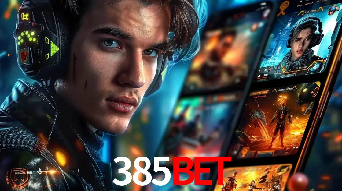 Jovem jogador com fones de ouvido olhando para a câmera, com um aplicativo de jogos e e-sports para celular ao fundo, pronto para a competição e apostas no 385bet.