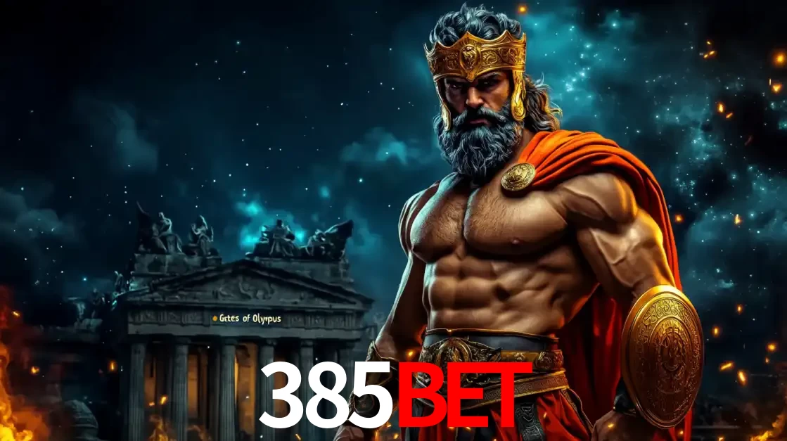 O poderoso Zeus do jogo de slot Gates of Olympus em frente ao seu templo, pronto para lançar multiplicadores divinos e prêmios épicos no cassino online 385bet.