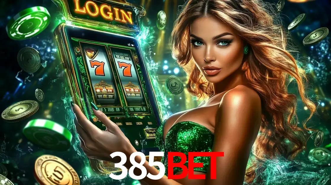 Mulher com tema verde apresentando o aplicativo do cassino 385bet com um jogo de slot de 777, cercada por fichas de cassino e uma aura de sorte.