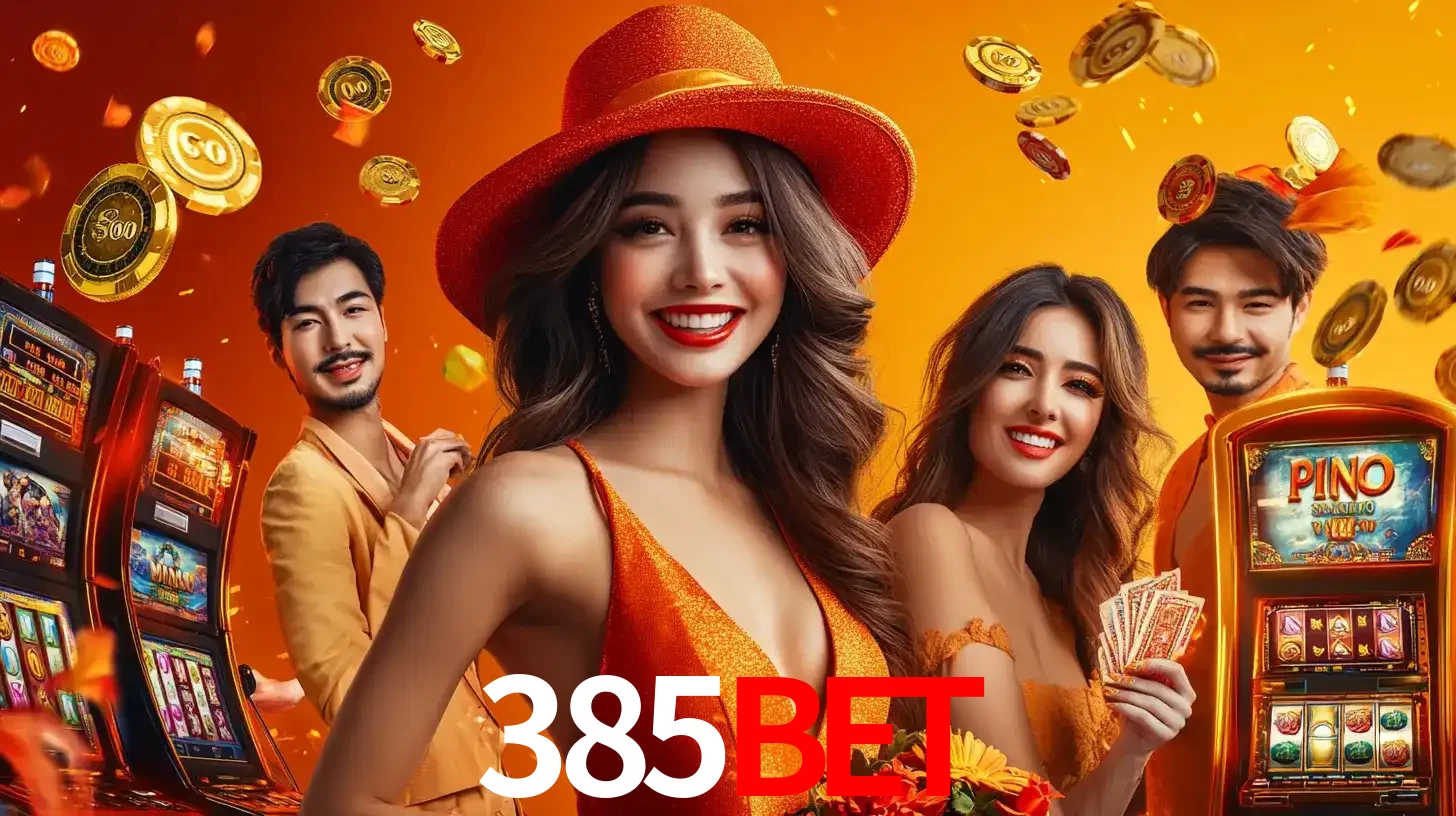 Grupo de amigos asiáticos sorrindo e se divertindo com máquinas de caça-níqueis em um ambiente festivo, celebrando suas vitórias nos jogos de cassino do 385bet.
