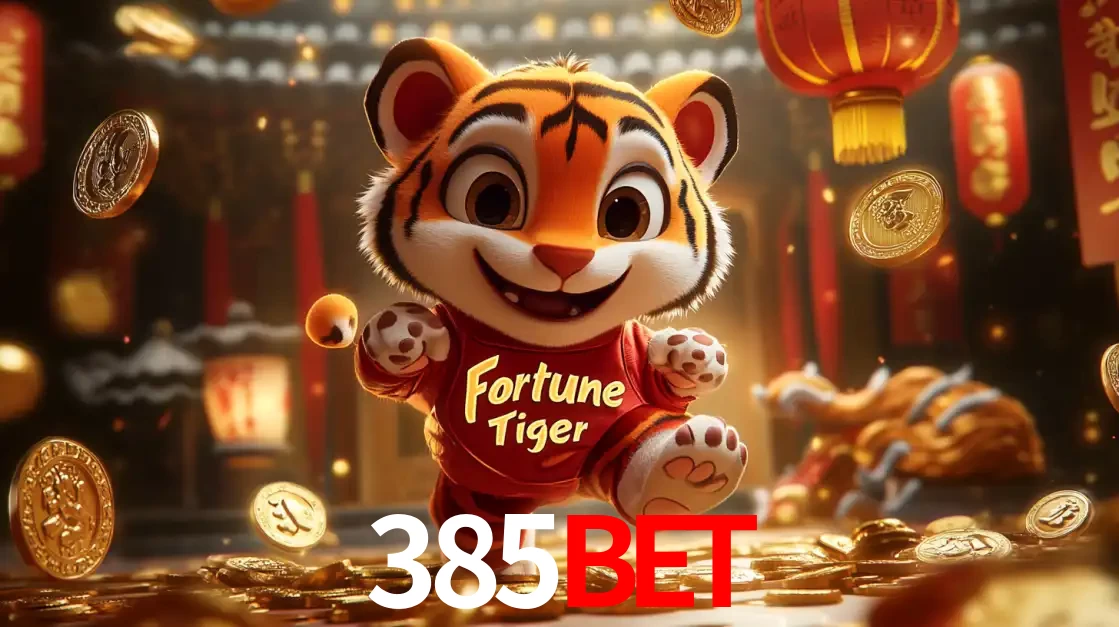 O alegre personagem do Fortune Tiger correndo sobre um caminho de moedas de ouro, simbolizando os grandes prêmios e a diversão do popular jogo de slot do 385bet.