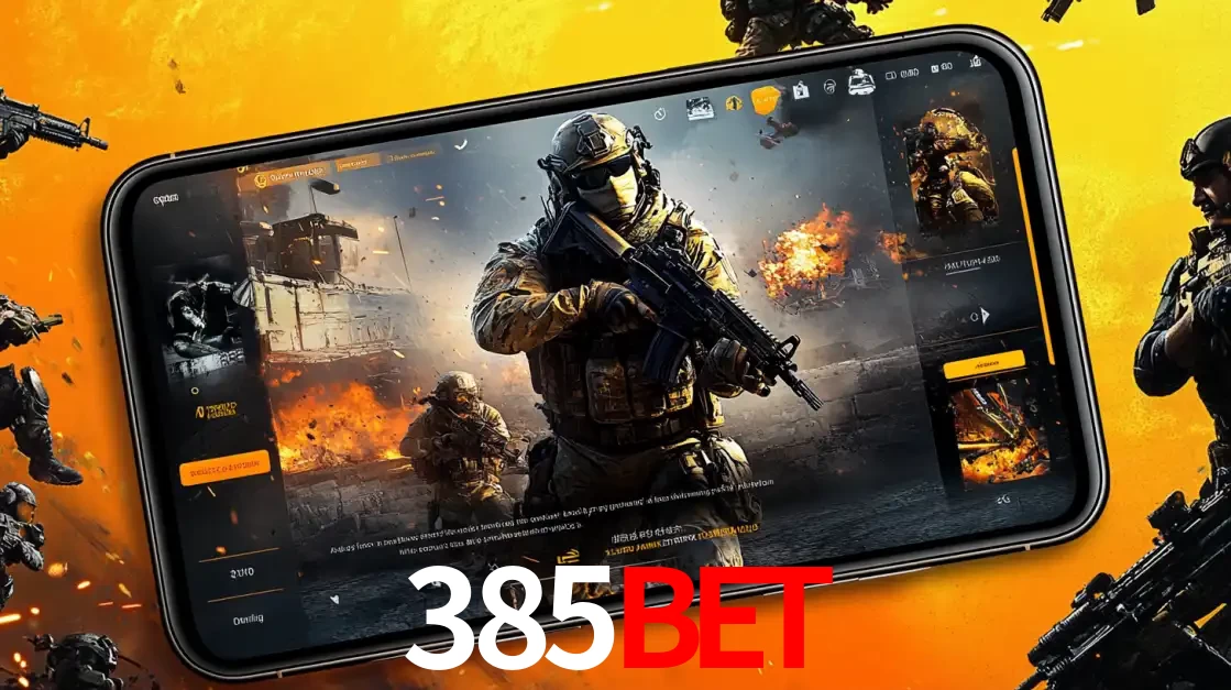 Um smartphone exibindo a interface de um jogo de tiro em primeira pessoa, com um soldado em um cenário de batalha, representando a ação dos e-sports para apostar no 385bet.