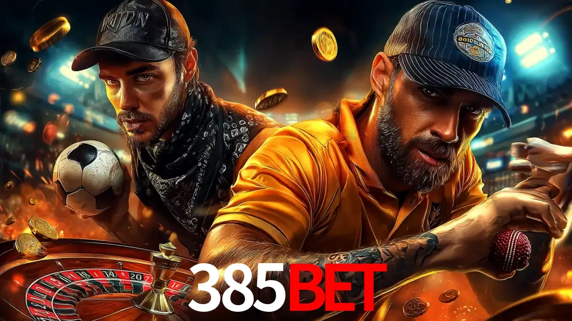Montagem de apostas esportivas e cassino no 385bet, com um homem segurando uma bola de futebol e outro uma de beisebol sobre uma roleta e moedas voadoras.