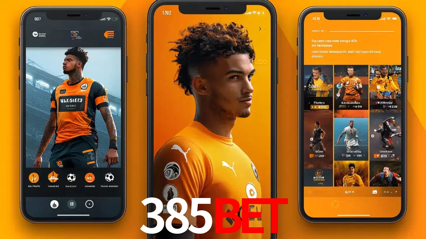 Interface do aplicativo de apostas esportivas 385bet em três telas de celular, mostrando o perfil de um jogador de futebol e a lista de jogos disponíveis para apostar.