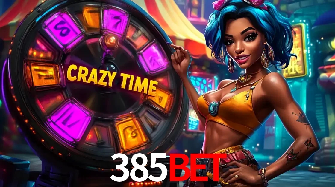 Mulher estilizada com cabelo azul e visual vibrante posando ao lado da roda de prêmios do game show Crazy Time, convidando para a diversão e os bônus do cassino 385bet.