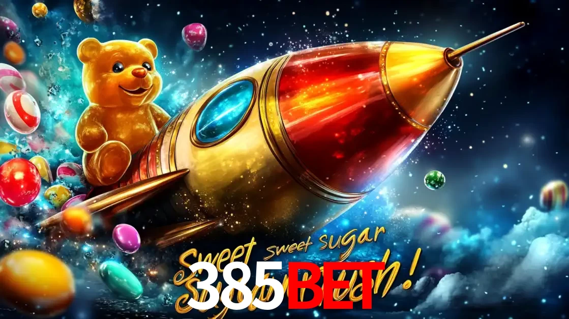Arte promocional do jogo de slot Sugar Rush, com um urso de pelúcia em um foguete viajando pelo espaço de doces, um dos jogos divertidos disponíveis no cassino 385bet.
