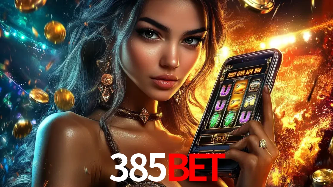 Mulher elegante mostrando um jogo de caça-níqueis em seu smartphone, destacando a experiência de cassino móvel oferecida pelo aplicativo 385bet.