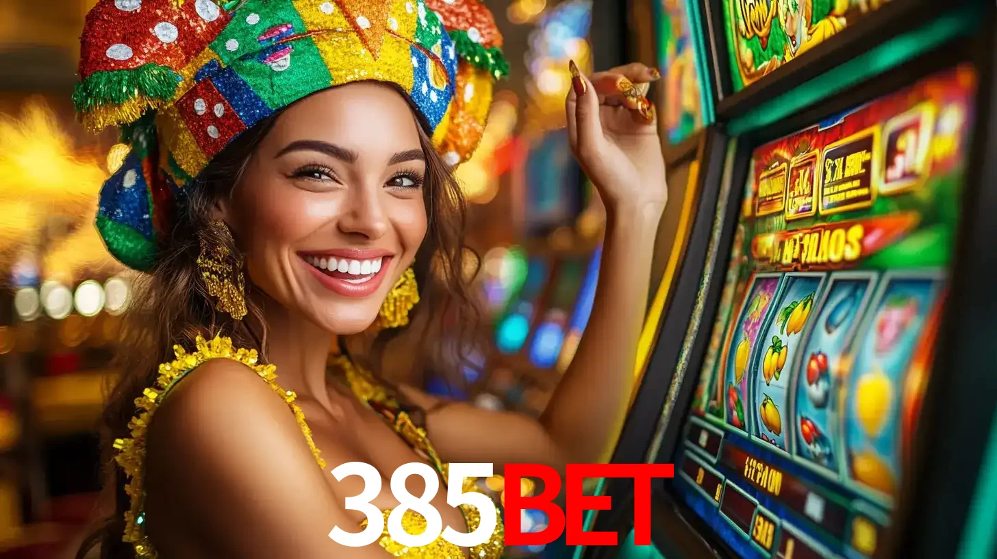 Mulher feliz com traje de carnaval amarelo e colorido ao lado de uma máquina de caça-níqueis, aproveitando a diversão e os jogos temáticos do cassino 385bet.