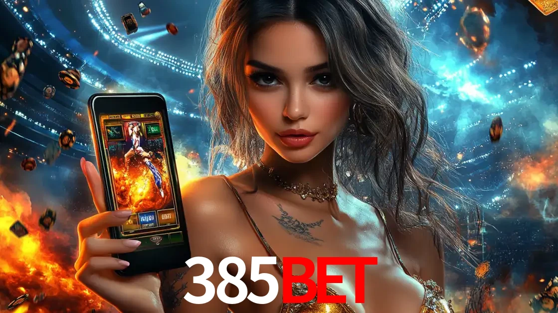 Mulher segurando um celular com um jogo de slot em destaque, tendo como fundo um estádio vibrante, simbolizando a emoção de jogar no cassino móvel 385bet.